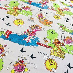 90s Bozo's Camp Clown Around TWIN Bed FLAT Top Sheet Vintage Character Bedding